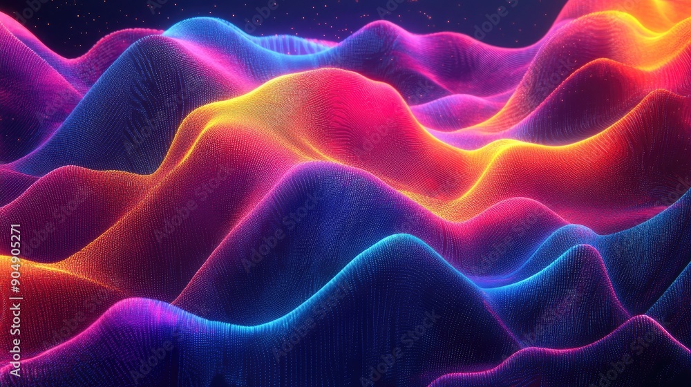 Poster colorful 3d waves creating a vibrant abstract pattern on a dark backdrop.