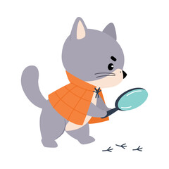 Cat Animal Detective Character with Magnifier Investigating and Search for Evidence Vector Illustration