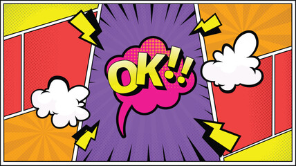 colorful comic background illustration with bubble text ok!