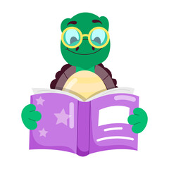 Cartoon style sticker of turtle reading book with glasses 
