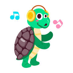 Cartoon style sticker of cute turtle music headphones  

