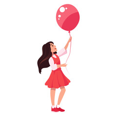 A happy girl is holding a balloon. Flat illustration on a white background