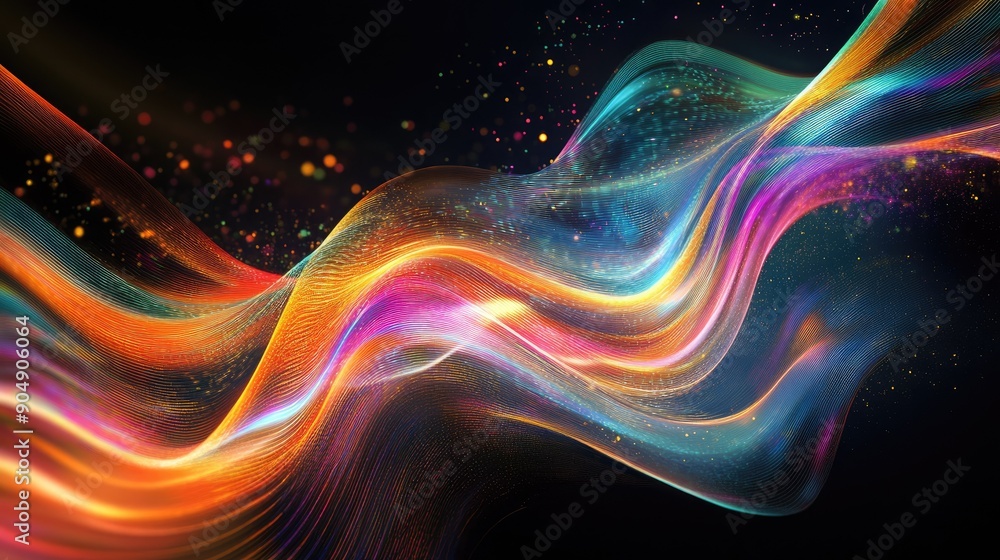 Poster dark background with vibrant digital wave patterns, evoking movement and energy.
