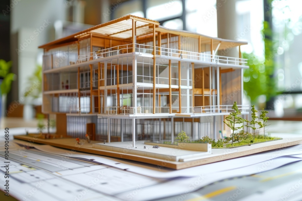 Poster a scale model of a house is positioned on a table, showcasing architectural design and construction 