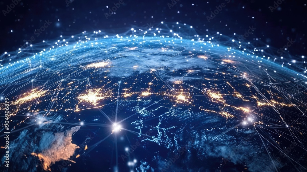 Poster digital globe with interconnected nodes, representing global business networks and connectivity.