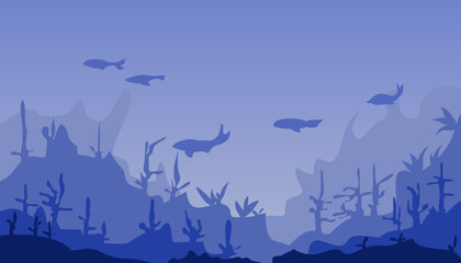 Image of a view of the ocean floor or under the sea in blue. Suitable for wallpaper, magazines, backgrounds, banners, posters and advertisements © Febrial Chalik