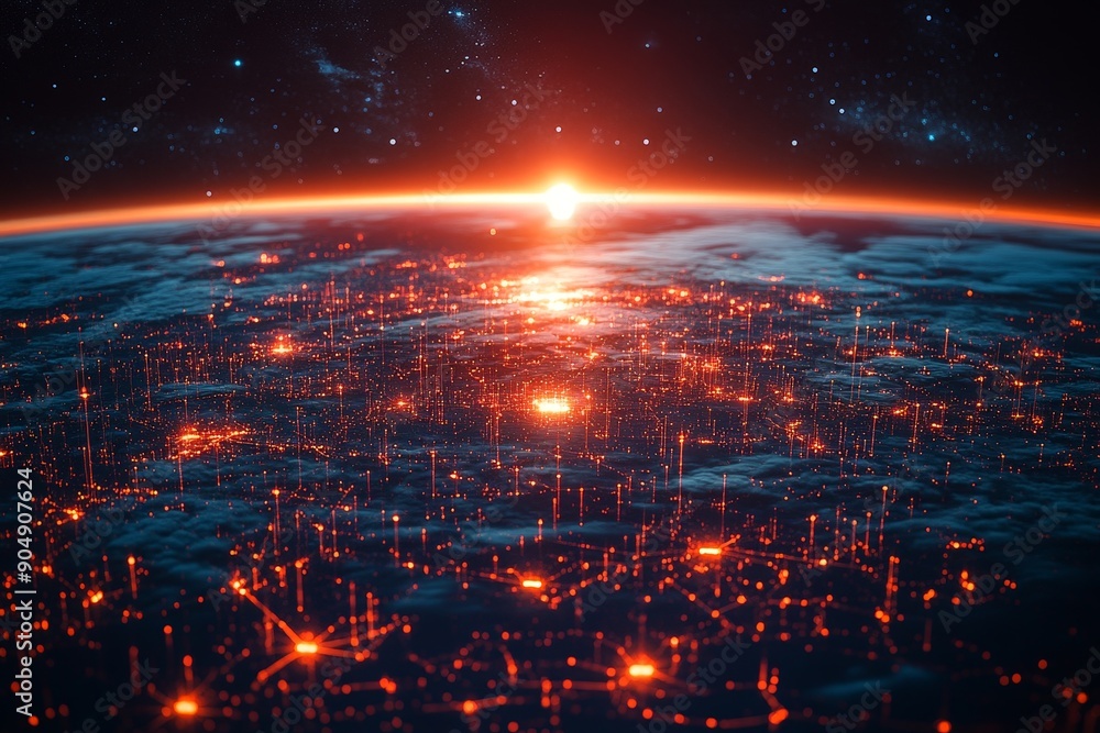 Poster ethereal dawn over a network-connected world viewed from space