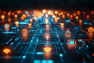 Illuminated Blue and Orange Symbols Representing a Global IoT Network