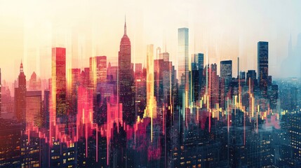Fototapeta premium Double exposure of rising finance graph with urban skyline, emphasizing economic progress.