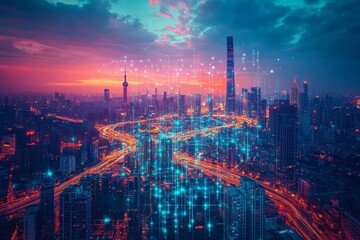 Fototapeta premium Mesmerizing Future of Urban Connectivity and Digital Networks at Dusk