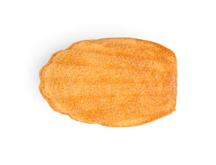 Tasty Madeleine cookie on white background