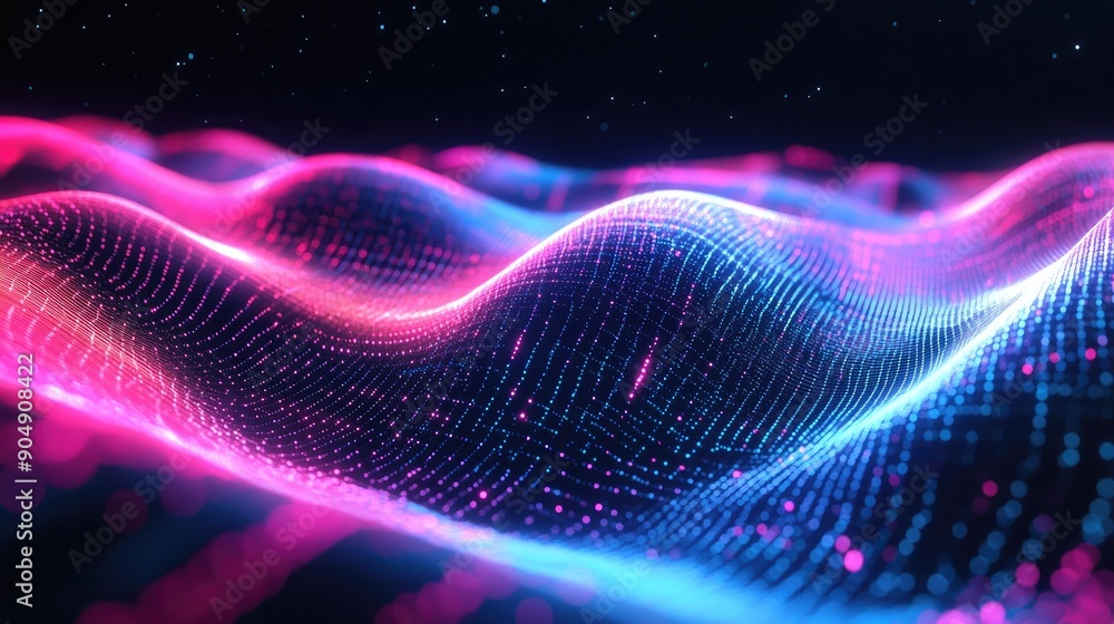 Poster dynamic digital wave pattern with neon accents on a dark background.