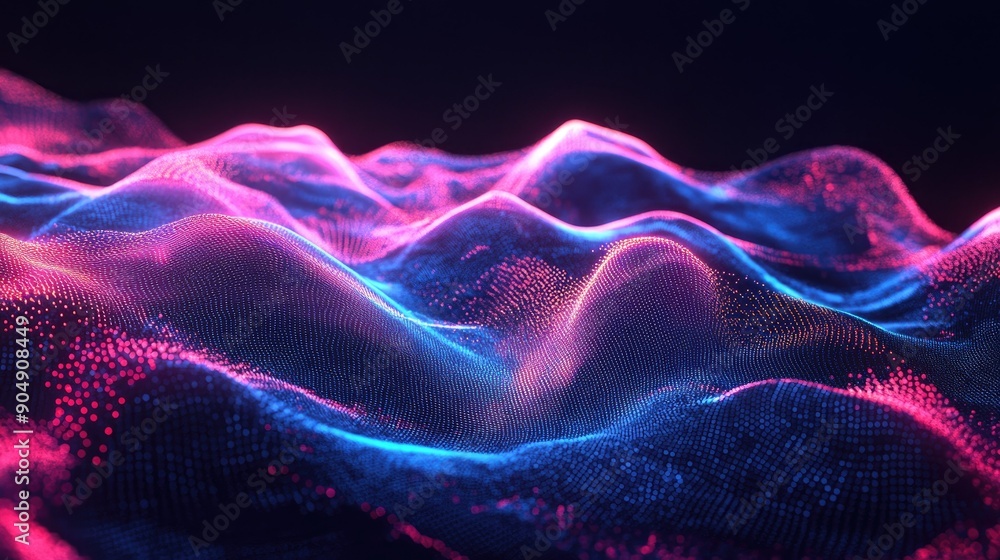 Poster dynamic digital wave pattern with neon accents on a dark background.