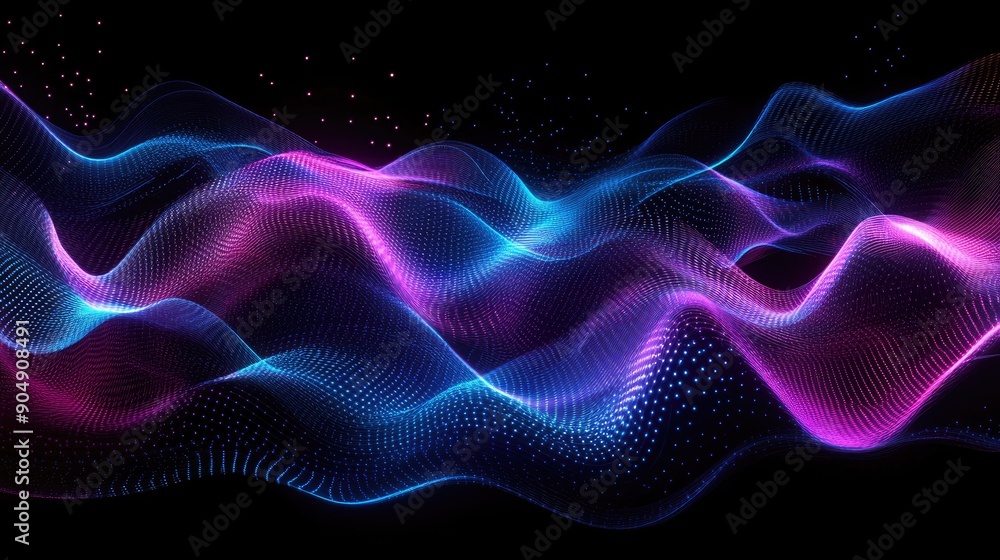Poster dynamic digital wave pattern with neon accents on a dark background.