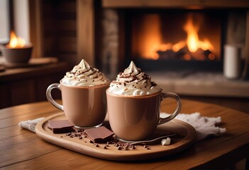 Two cups of hot chocolate with whipped cream and chocolate pieces, served on a fall or winter evening against a fireplace backdrop.

