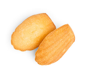 Tasty Madeleine cookies on white background
