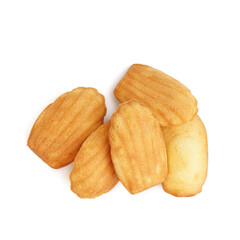 Tasty Madeleine cookies on white background