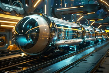 A futuristic train glides through a high-tech cityscape, Futuristic transportation systems like levitating pods or pneumatic tubes