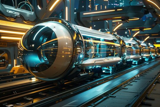 A futuristic train glides through a high-tech cityscape, Futuristic transportation systems like levitating pods or pneumatic tubes