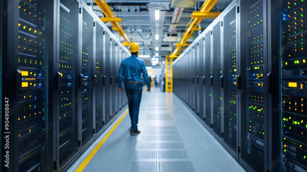 Wall mural it engineer walking in data center corridor with supercomputers
