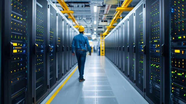 It engineer walking in data center corridor with supercomputers