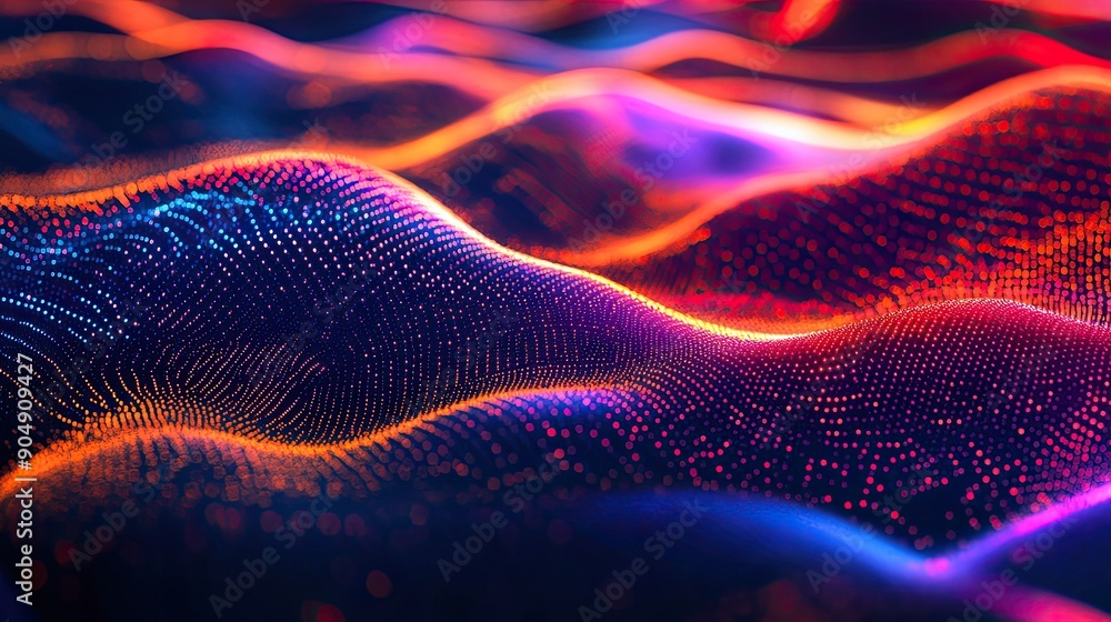 Poster flowing wave pattern in digital style, glowing on a dark backdrop.