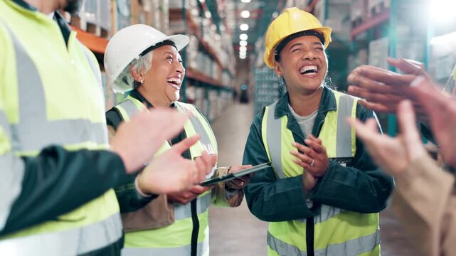 Celebration, tablet and logistics team in warehouse for distribution sale, achievement or profit increase. Applause, high five and supply chain people with digital tech for cargo freight statistics.