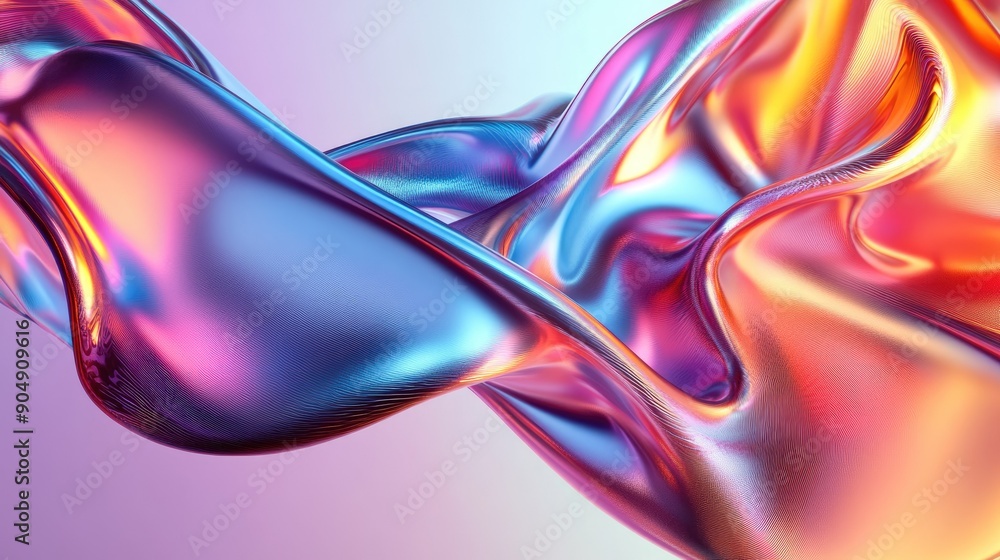 Poster fluid 3d shapes with shiny metallic textures and gradient color transitions.