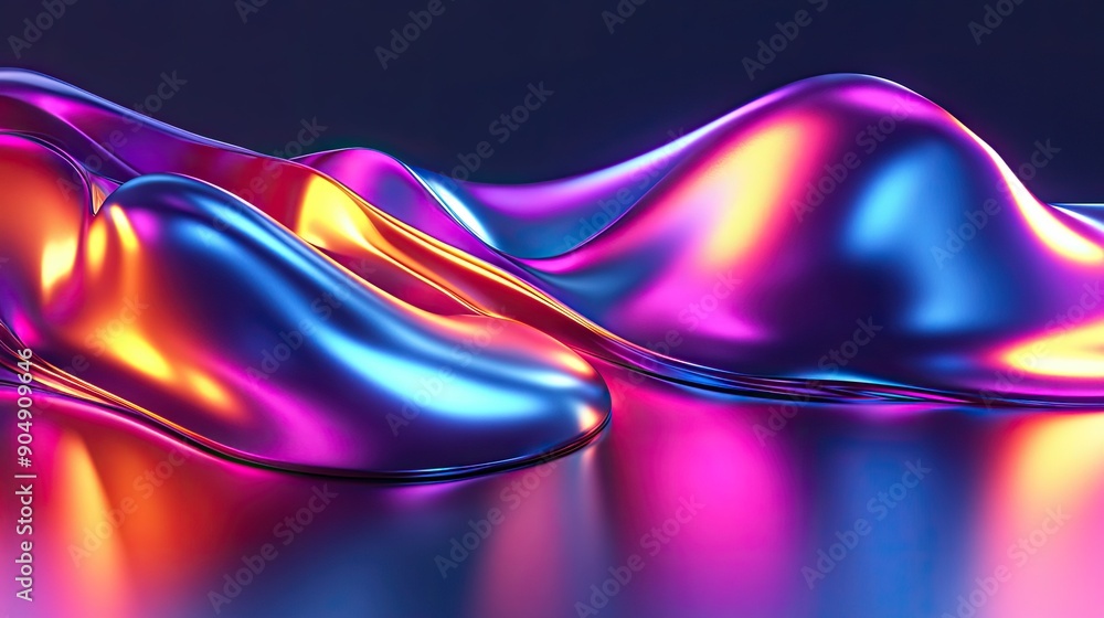 Poster fluid 3d shapes with shiny metallic textures and gradient color transitions.
