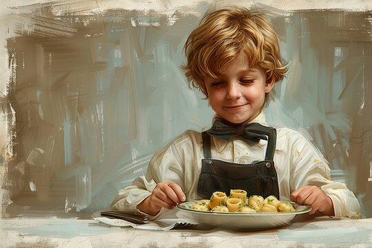 Illustration of child at the table ready to eat his kanelone.