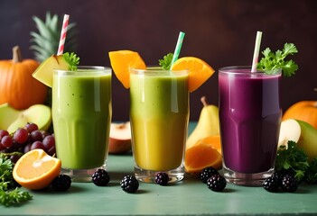 Fototapeta premium Freshly squeezed fruit and vegetable juices served in a kitchen, surrounded by fruits