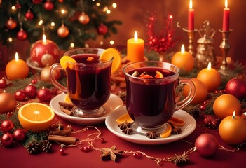 Fototapeta premium Mulled red wine on a winter backdrop, decorated with festive holiday ornaments.