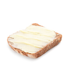 Bread slice with fresh butter on white background