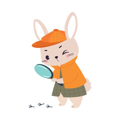 Bunny Animal Detective Character with Magnifier Investigating and Search for Evidence Vector Illustration