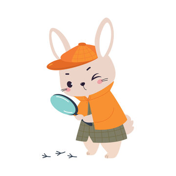 Bunny Animal Detective Character with Magnifier Investigating and Search for Evidence Vector Illustration