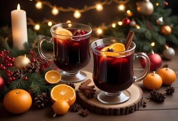 Mulled wine with orange slices on a wintery, festive background, surrounded by Christmas ornaments.