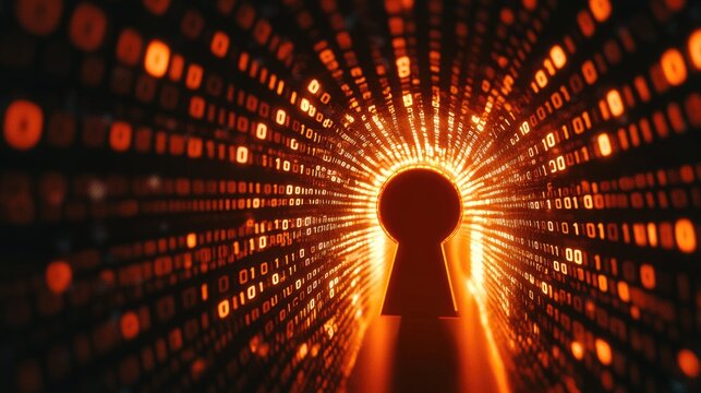 Illuminated keyhole on a binary code background, symbolizing secure access and technology.