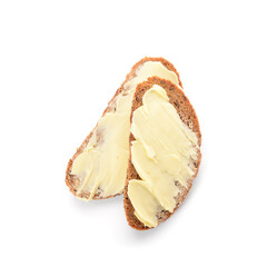 Bread slices with fresh butter on white background