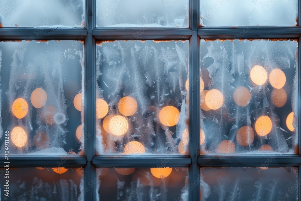 Poster frosted window with warm lights glowing in the background, creating a cozy and inviting atmosphere d