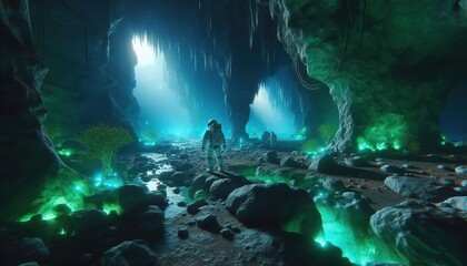 Obraz premium Astronauts explore bioluminescent cave