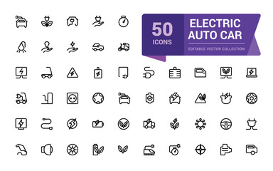 Electric Auto car outline icon. Set of e-car, electric car, vehicle, auto, charge station, parking, battery, eco transport, smart car. editable stroke icon.