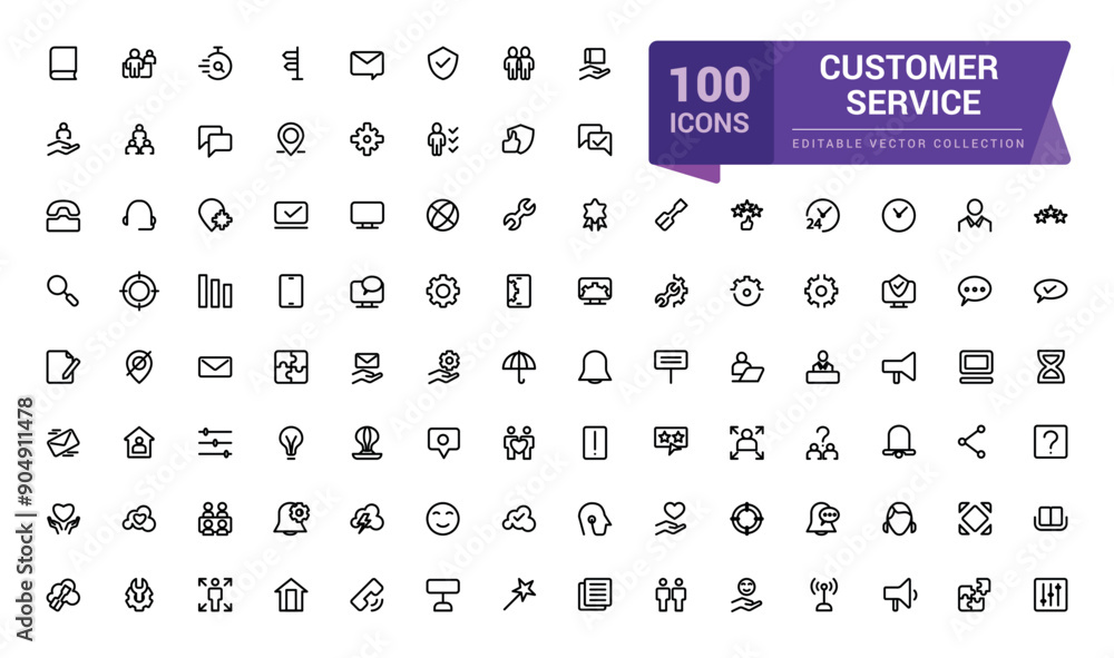 Poster customer service and support icons set. web and ui icon set in a flat design. thin outline icons pac