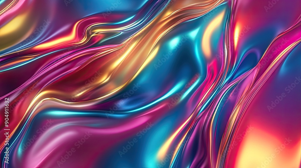 Poster metallic fluid shapes in 3d with gradient colors, creating an abstract pattern.