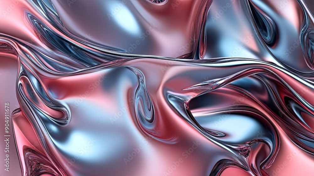 Poster metallic fluid shapes in 3d with gradient colors, creating an abstract pattern.