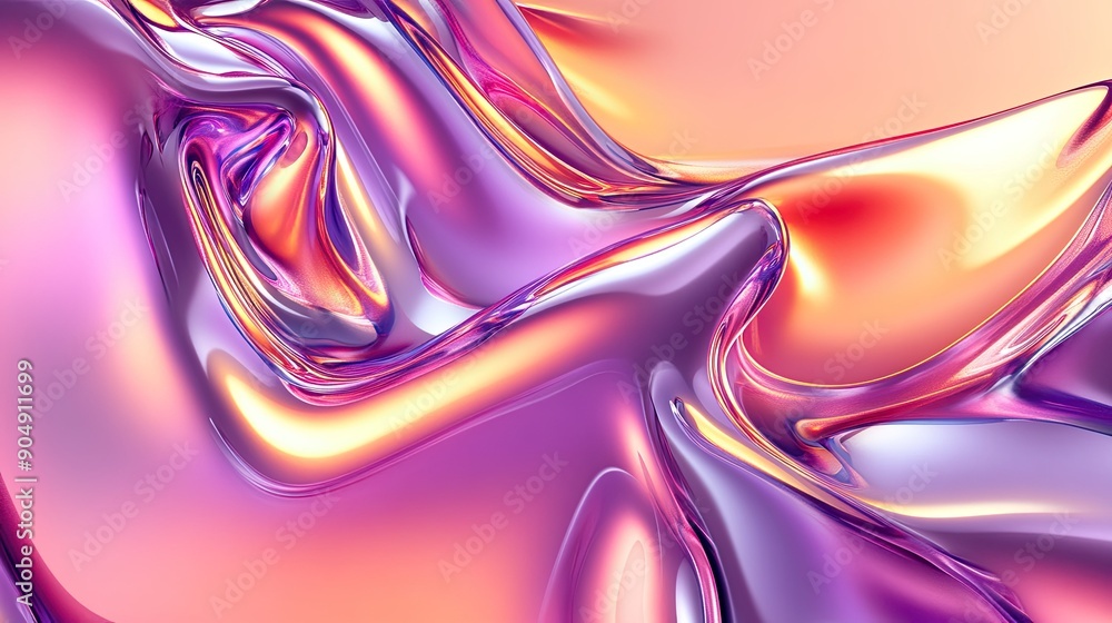 Poster metallic fluid shapes in 3d with gradient colors, creating an abstract pattern.