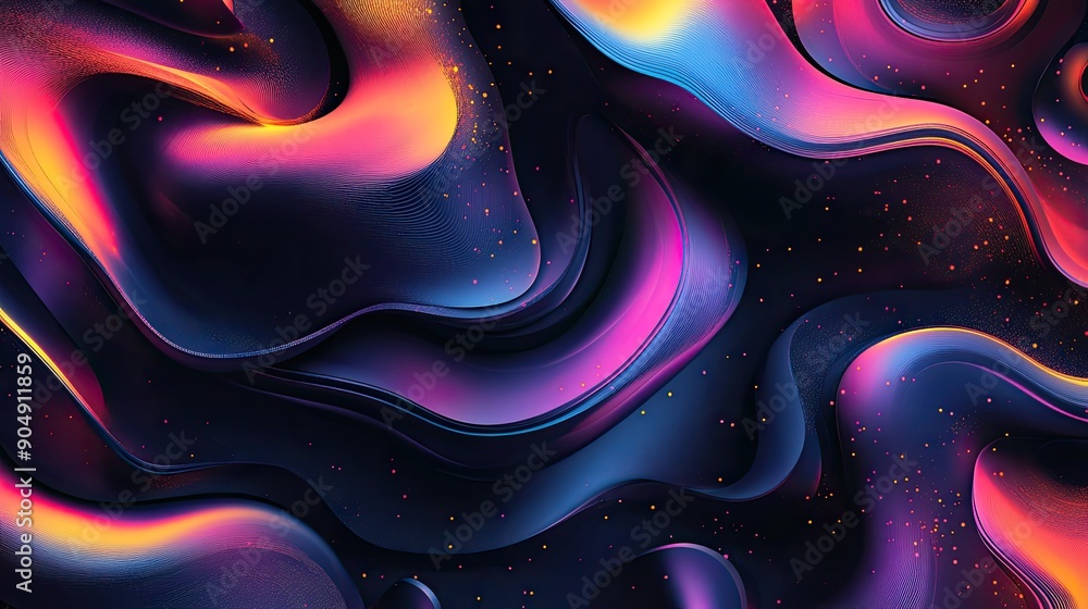 Poster metallic textured fluid shapes with gradient colors, set against a dark backdrop.
