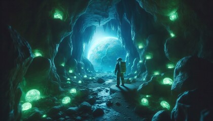 Astronauts explore bioluminescent cave