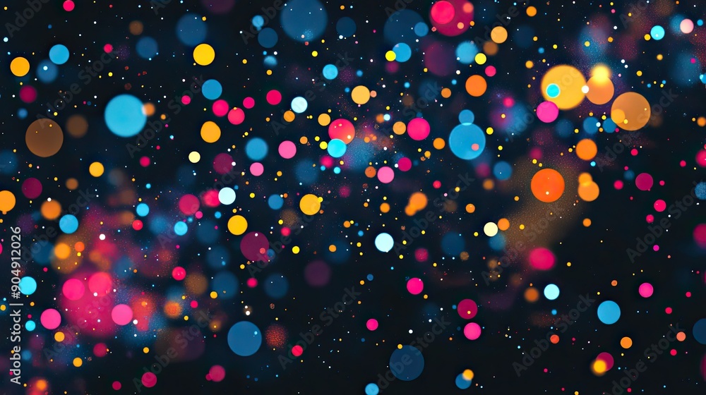 Poster multi-colored dots creating an abstract pattern on a dark background.