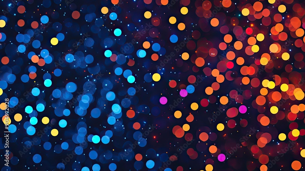 Poster multi-colored dots creating an abstract pattern on a dark background.