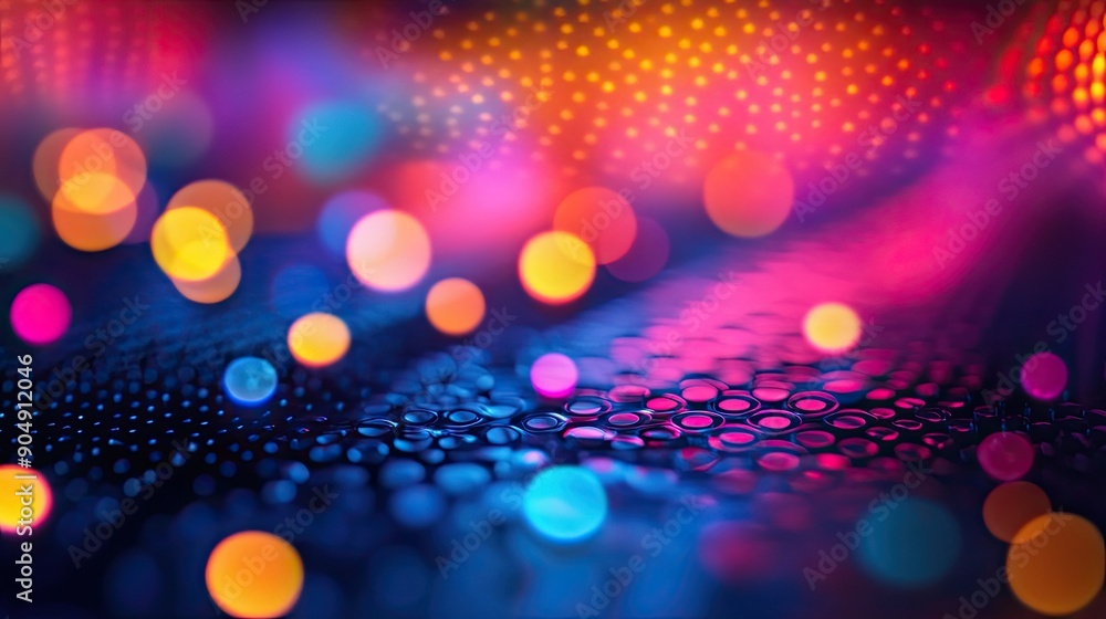 Poster multi-colored dots creating an abstract pattern on a dark background.